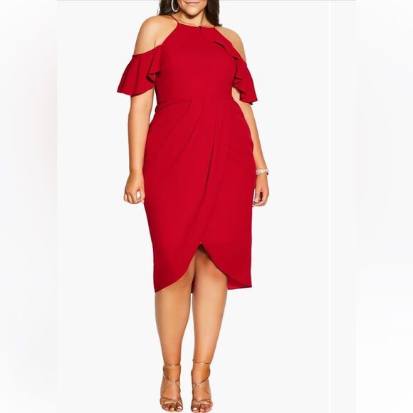 City Chic Cold Shoulder Dress. L/20. Red. Beautiful Sexy - Picture 1 of 14